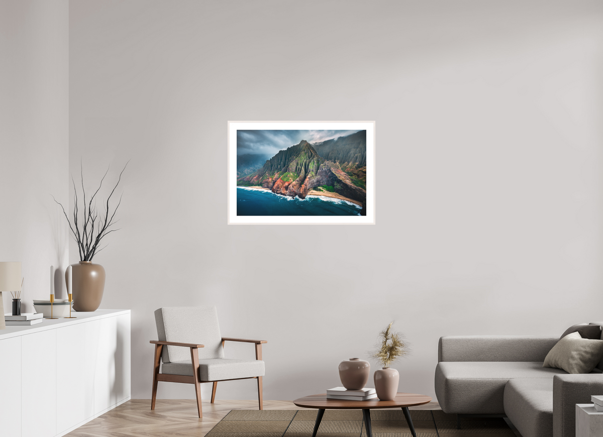 90 x 60 cm, Rahmen-Weiß Napali Coast Cliffs, Kauai Hawaii