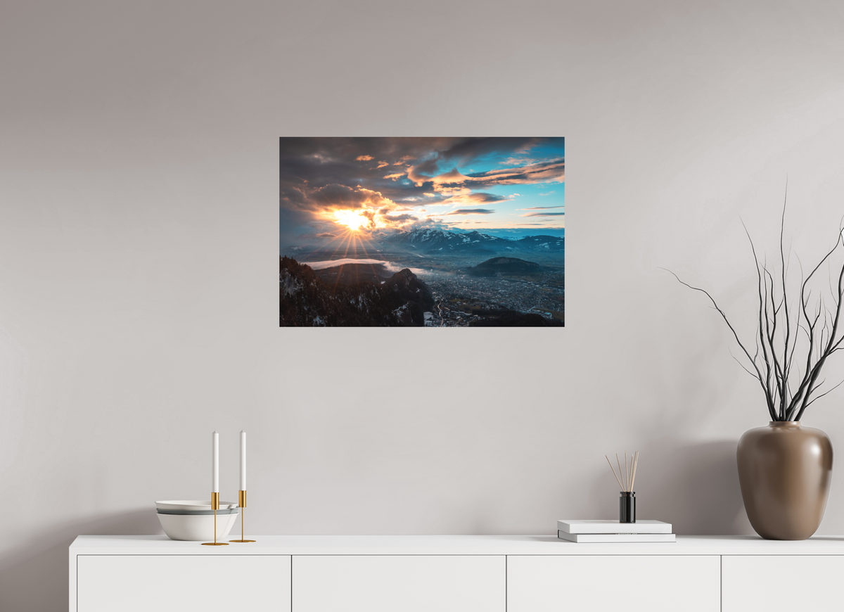 75 x 50 cm, Papierprint ohne Rahmen Rhine Valley Winter Sunset, Vorarlberg