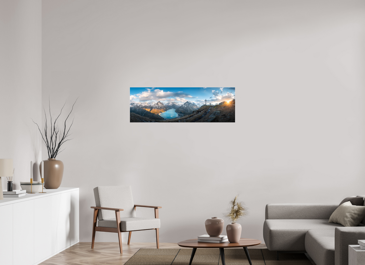 120 x 40 cm, Photo Print Under Acrylic Glass Silvretta Reservoir Golden Sunset, Alps