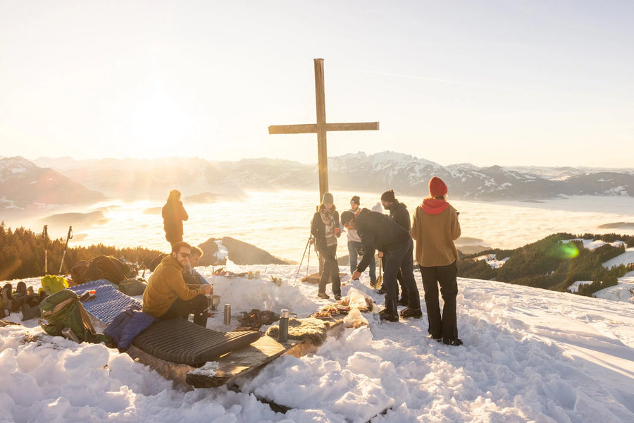 Community adventure, cheese fondue at sunset on the First above Fraxern, Vorarlberg