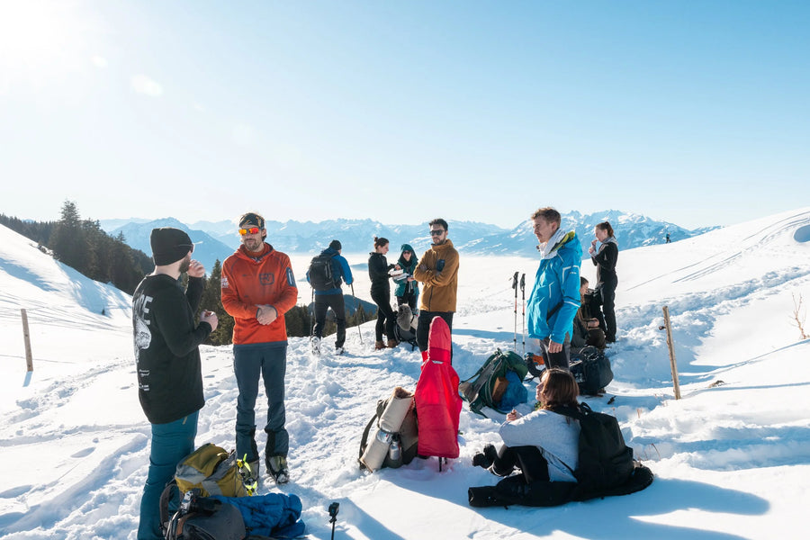 Community adventure, cheese fondue at sunset on the First above Fraxern, Vorarlberg