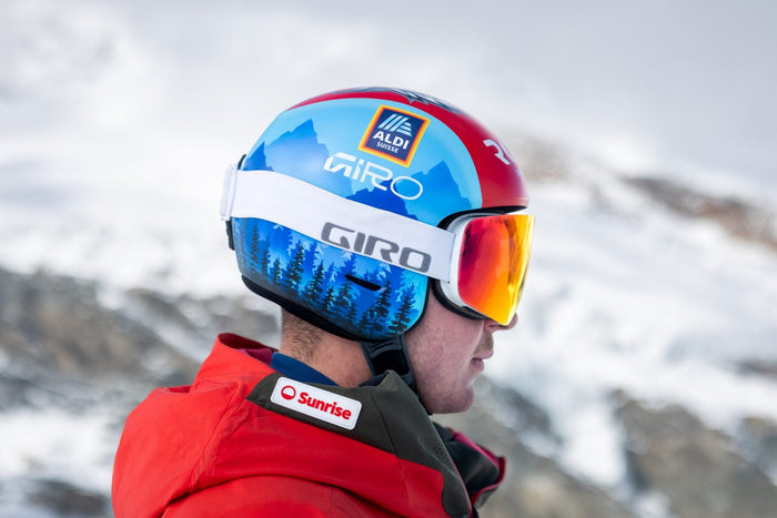 Livio Hiltbrand in profile wearing helmet and goggles