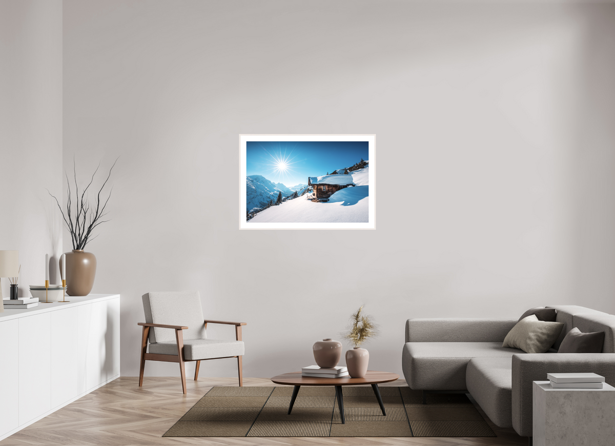 105 x 70 cm, Rahmen-Weiß Zug Hütte, Alpine Refuge, Arlberg
