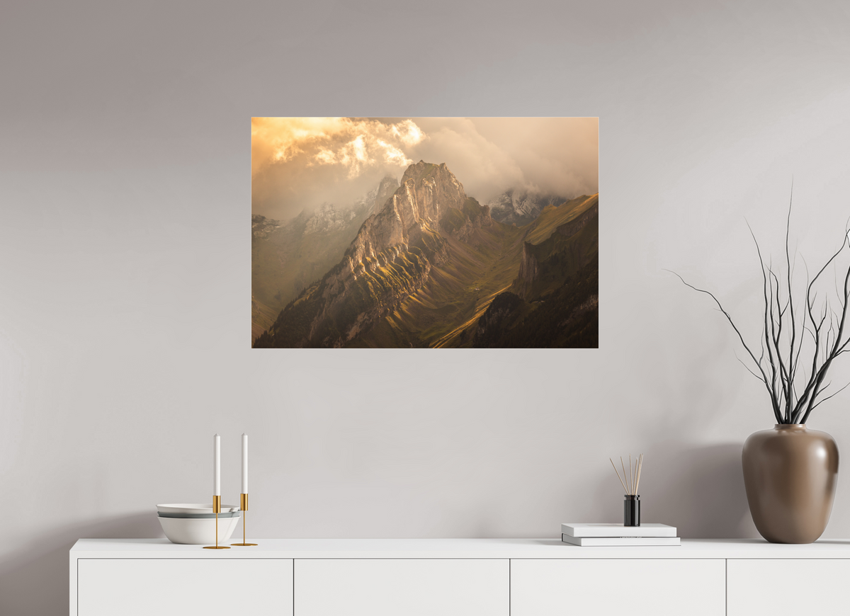 90 x 60 cm, Photo Print Under Acrylic Glass Mountain Light Through the Clouds, Hoher Kasten