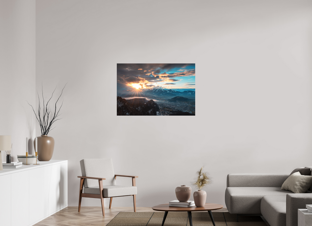 105 x 70 cm, Papierprint ohne Rahmen Rhine Valley Winter Sunset, Vorarlberg