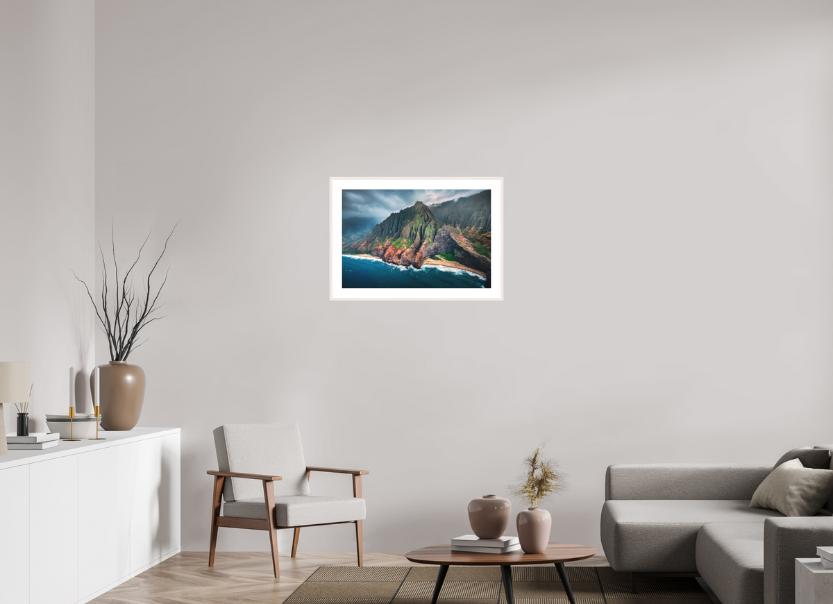 75 x 50 cm, Rahmen-Weiß Napali Coast Cliffs, Kauai Hawaii