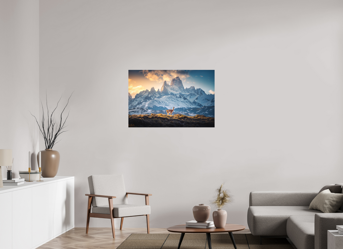 105 x 70 cm, Papierprint ohne Rahmen Guanaco at Fitz Roy, Patagonia