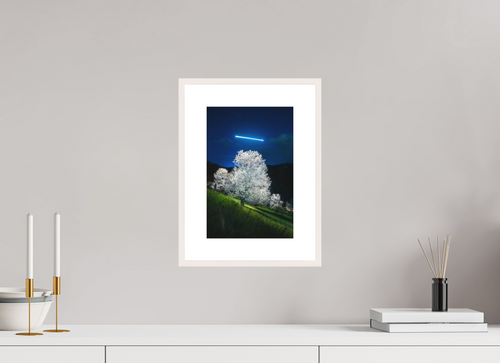 20 x 30 cm, Rahmen-Weiß Blossoming Tree Under a Line of Light