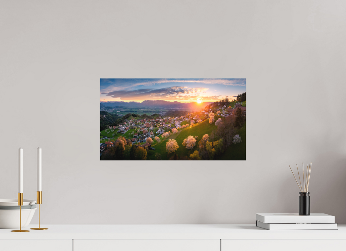 48 x 27 cm, Papierprint ohne Rahmen Cherry Blossoms at Sunset, Fraxern Vorarlberg