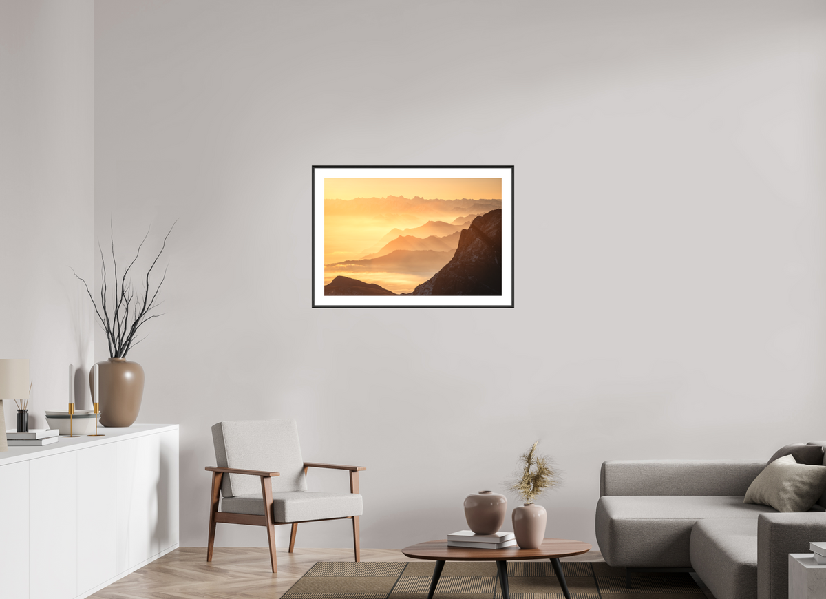 90 x 60 cm, Rahmen-Schwarz Säntis Hazy Sunrise Layers, Switzerland