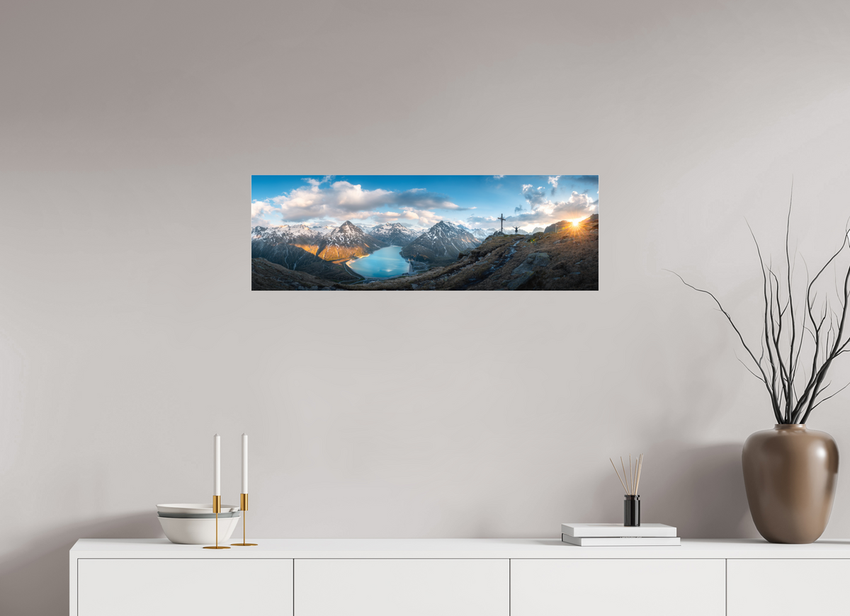 90 x 30 cm, Photo Print Under Acrylic Glass Silvretta Reservoir Golden Sunset, Alps