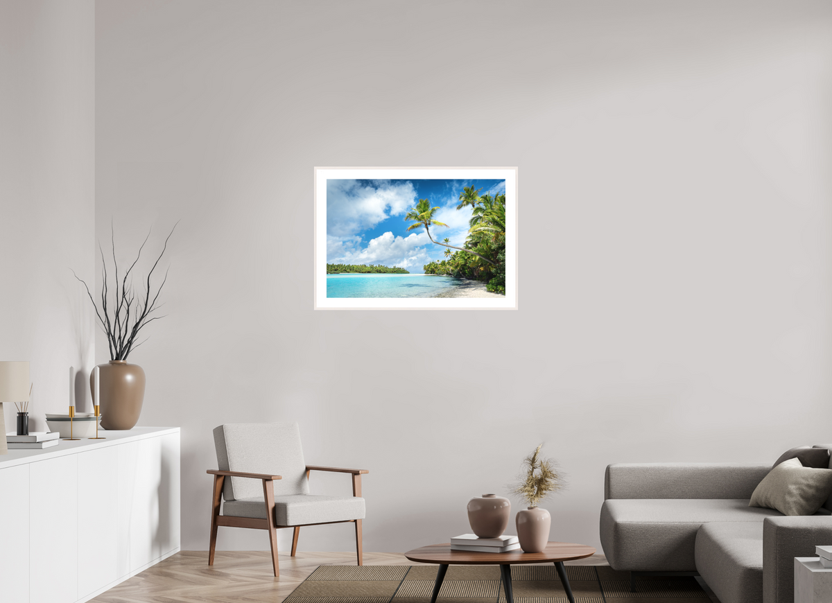 90 x 60 cm, Rahmen-Weiß Curved Palm Over the Lagoon, Aitutaki