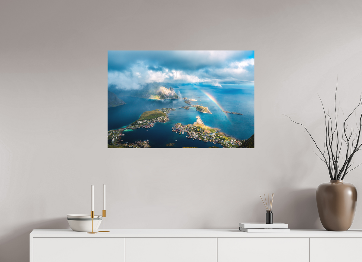 90 x 60 cm, Papierprint ohne Rahmen Rainbow over Reinebringen, Lofoten