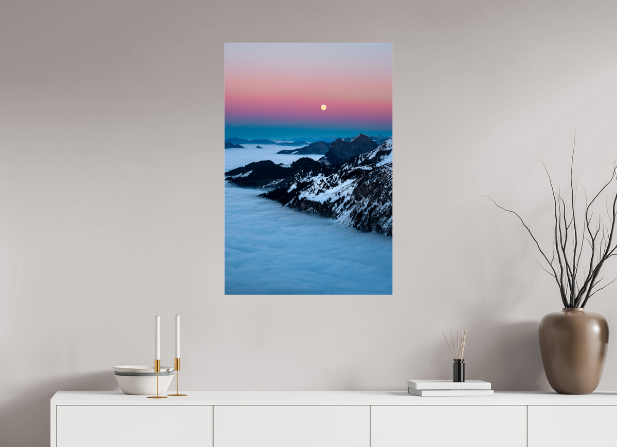 60 x 90 cm, Photo Print Under Acrylic Glass Moonrise Over the Sea of Fog, Hohe Matona