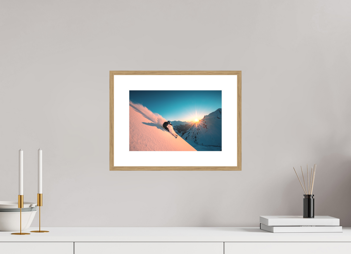 30 x 20 cm, Rahmen-Holzoptik Skiing Into the Sunset, Flexenpass