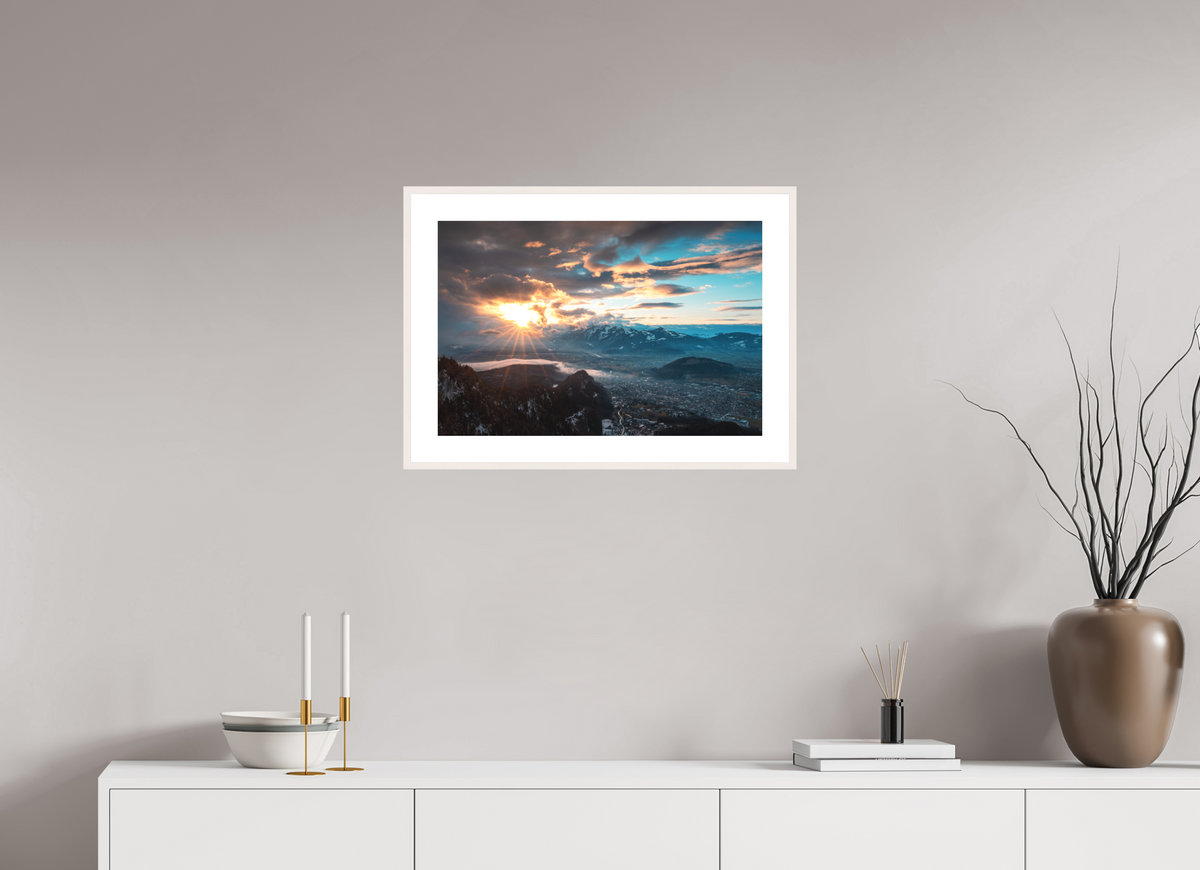 60 x 40 cm, Rahmen-Weiß Rhine Valley Winter Sunset, Vorarlberg