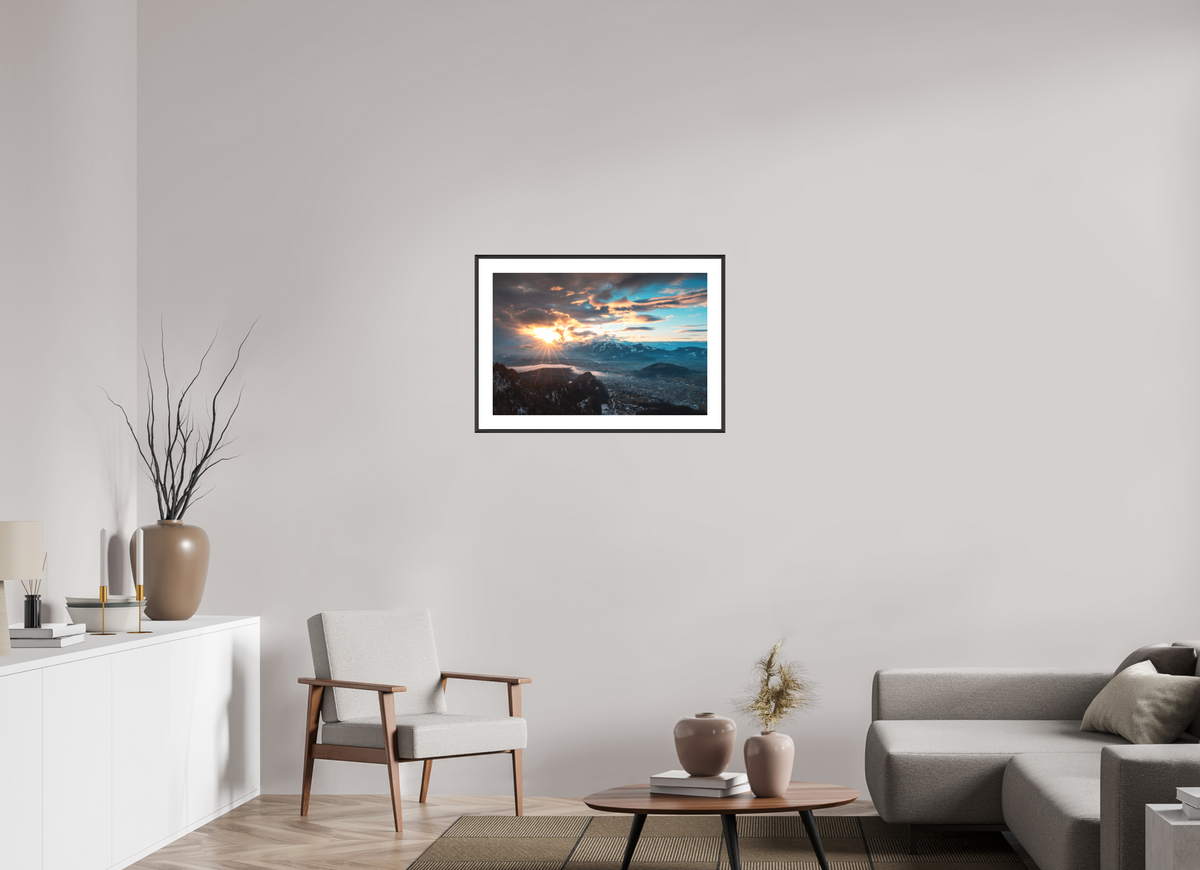 75 x 50 cm, Rahmen-Schwarz Rhine Valley Winter Sunset, Vorarlberg
