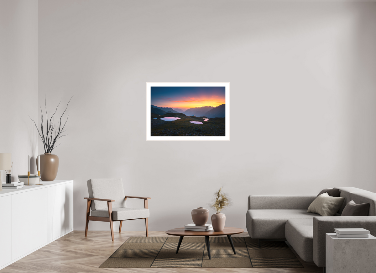 105 x 70 cm, Rahmen-Weiß Mountain Lakes at Sunset