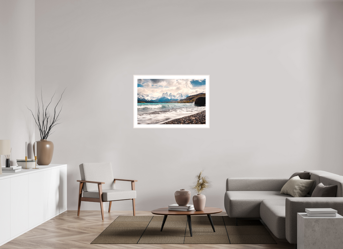 105 x 70 cm, Rahmen-Weiß Torres del Paine, Dramatic Skies
