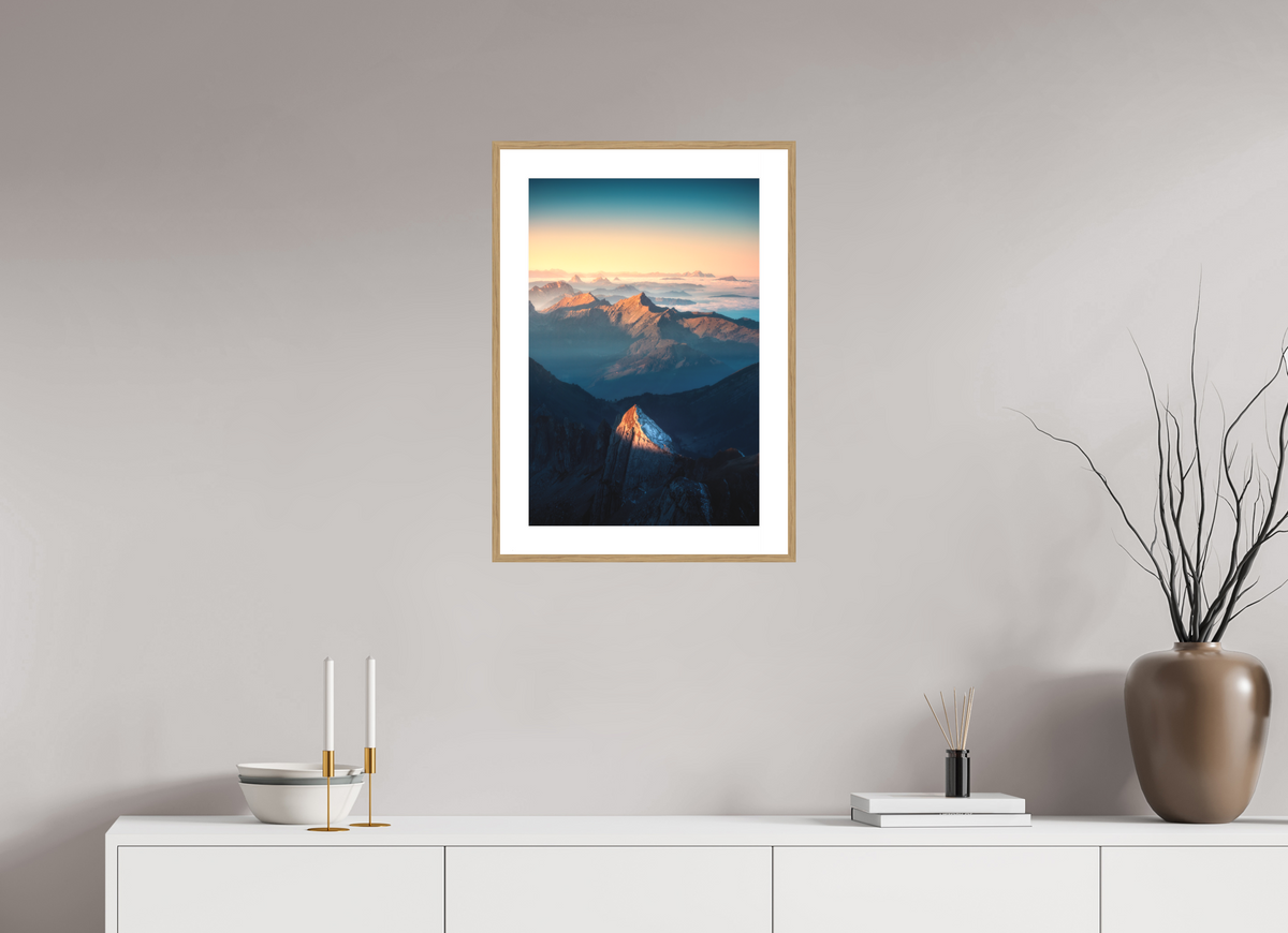 40 x 60 cm, Rahmen-Holzoptik Säntis Peak Glow at Sunrise, Switzerland
