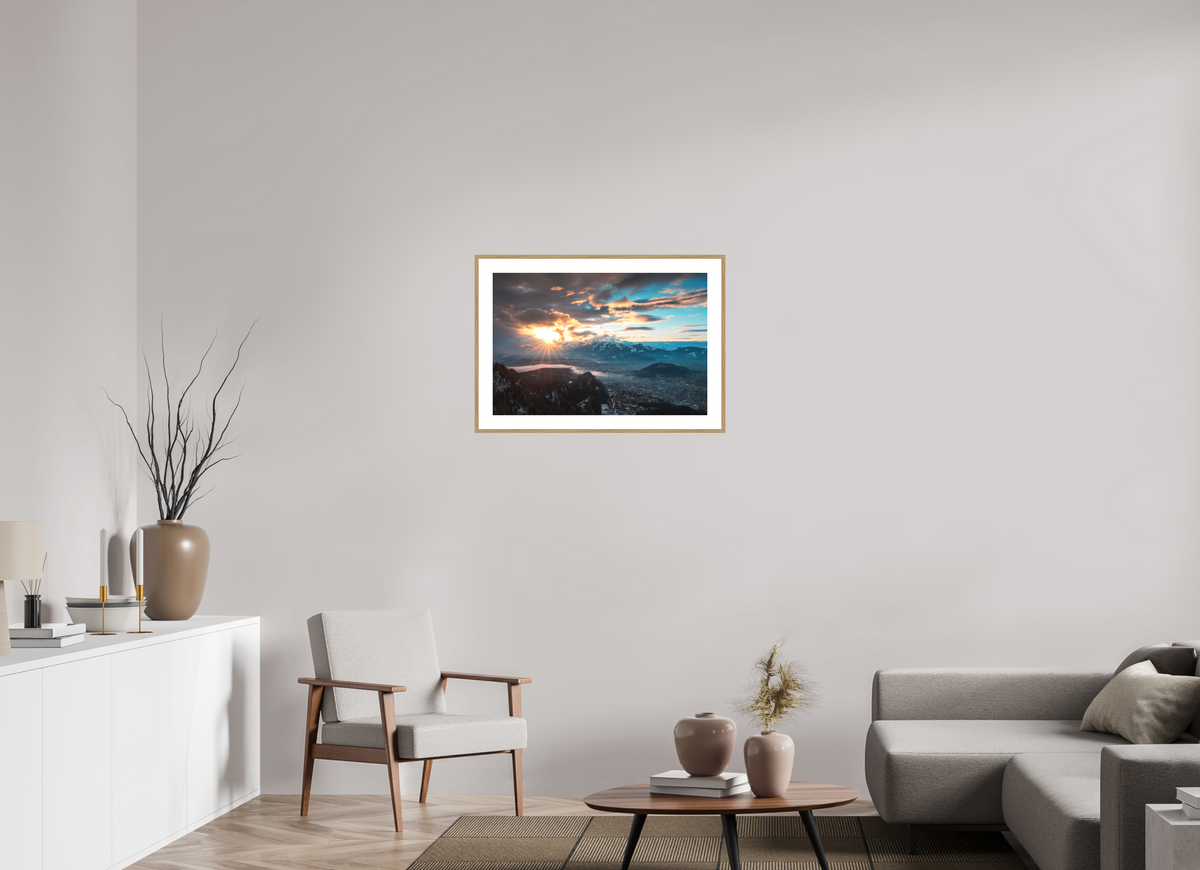 75 x 50 cm, Rahmen-Holzoptik Rhine Valley Winter Sunset, Vorarlberg