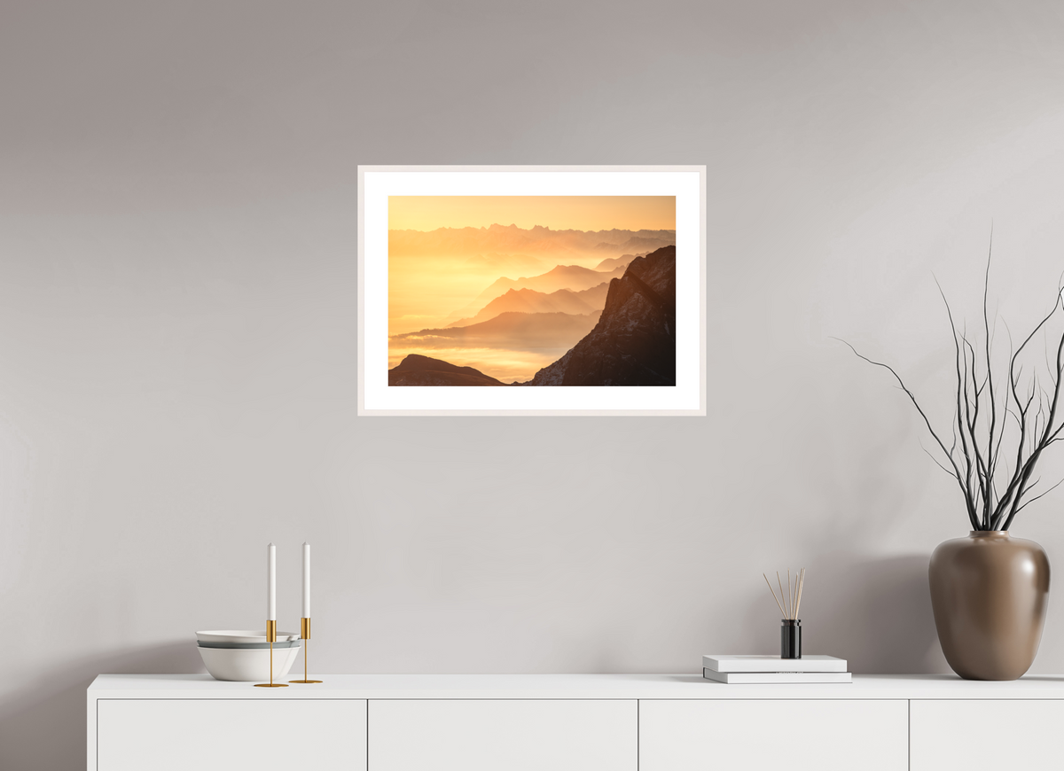 60 x 40 cm, Rahmen-Weiß Säntis Hazy Sunrise Layers, Switzerland