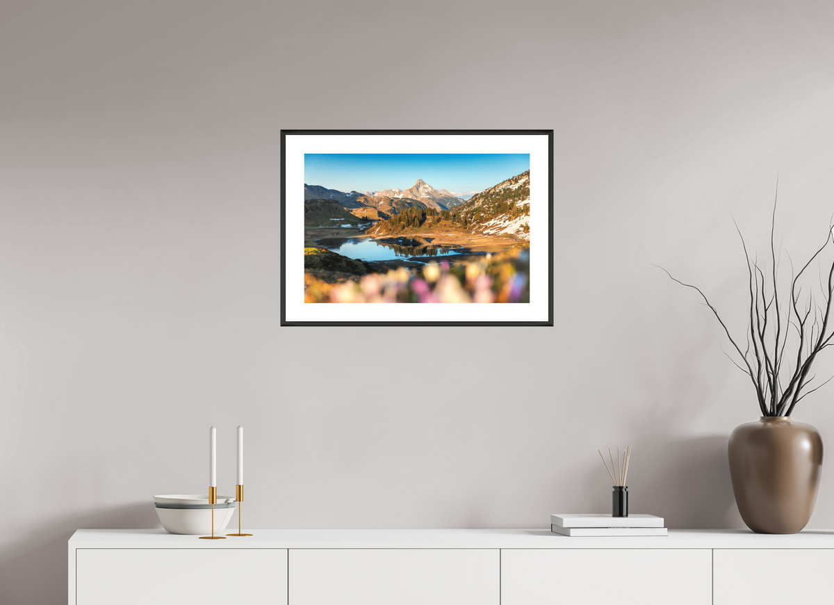 60 x 40 cm, Rahmen-Schwarz Körbersee Sunset, Warth Arlberg