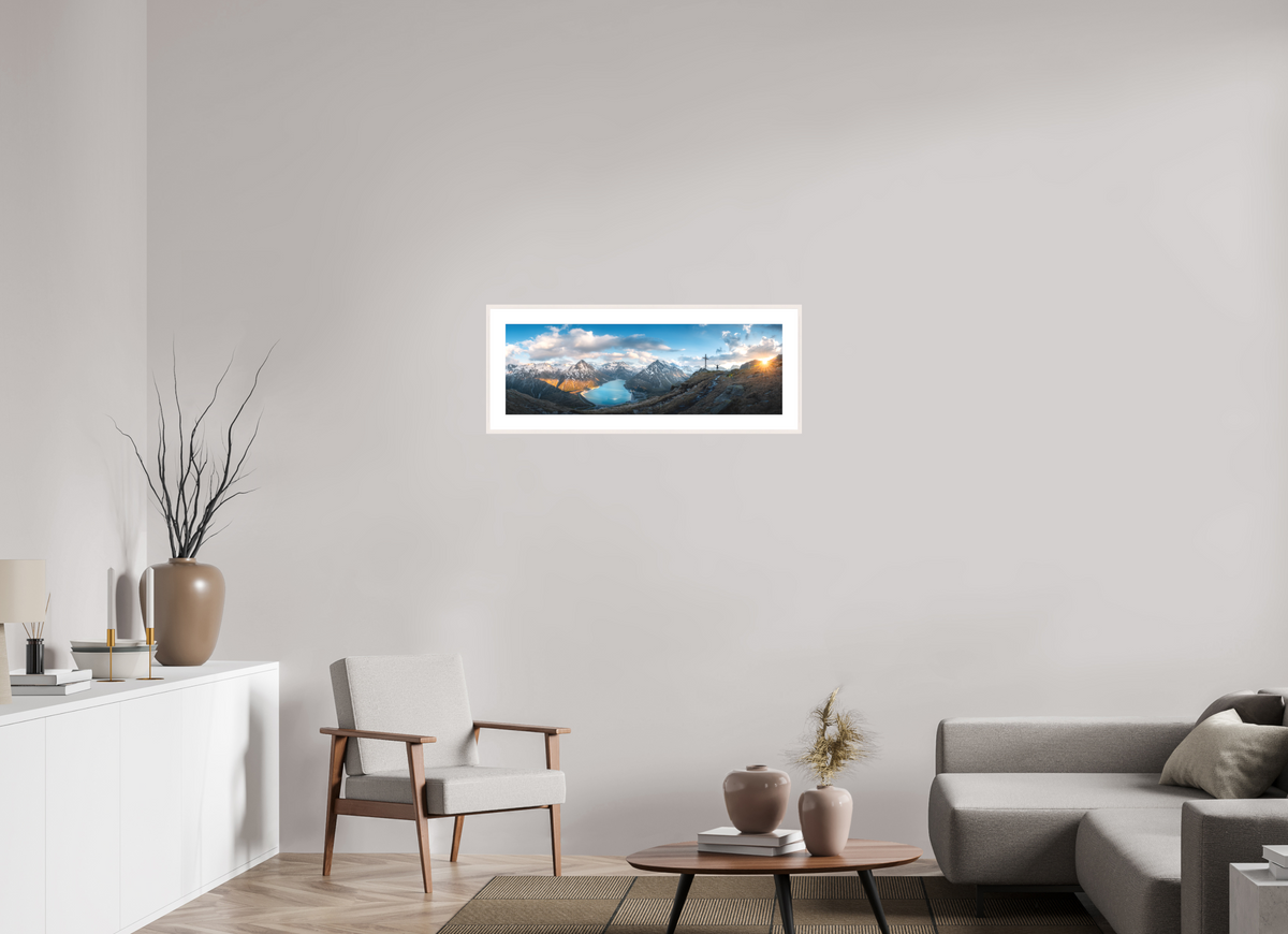 90 x 30 cm, Rahmen-Weiß Silvretta Reservoir Golden Sunset, Alps