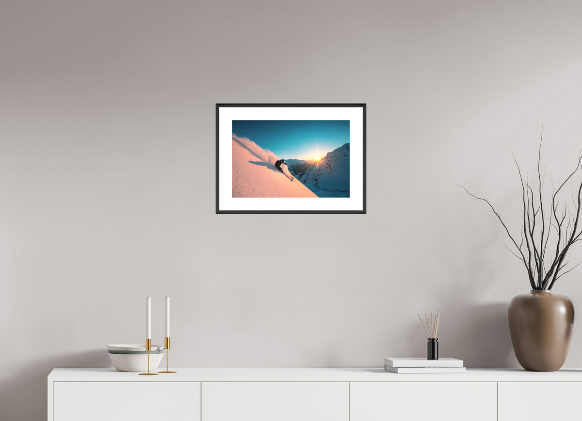 45 x 30 cm, Rahmen-Schwarz Skiing Into the Sunset, Flexenpass