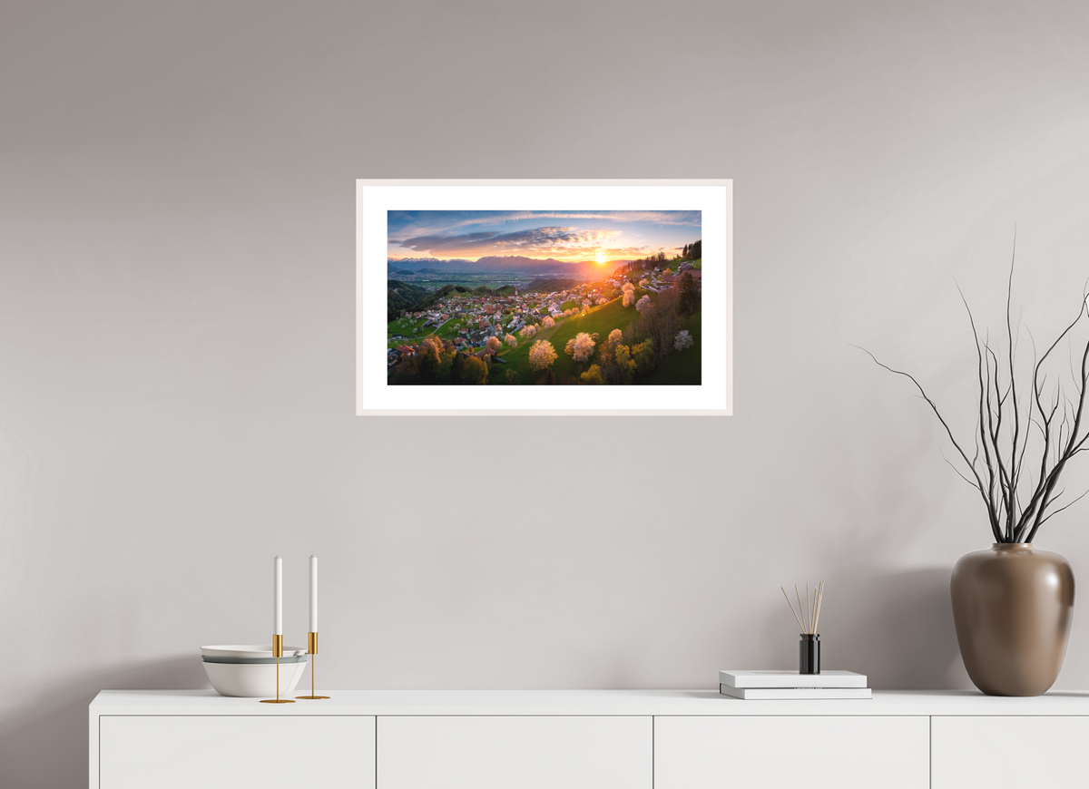64 x 36 cm, Rahmen-Weiß Cherry Blossoms at Sunset, Fraxern Vorarlberg