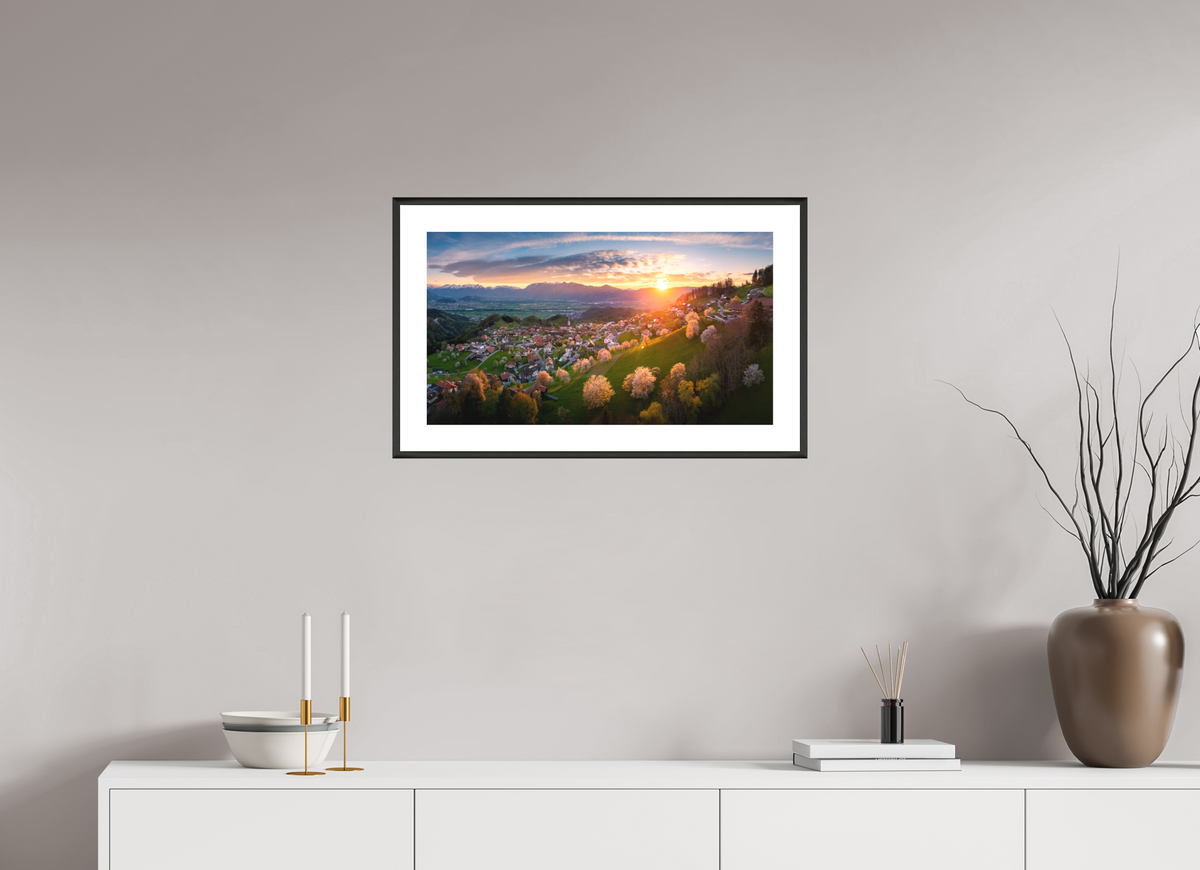 64 x 36 cm, Rahmen-Schwarz Cherry Blossoms at Sunset, Fraxern Vorarlberg