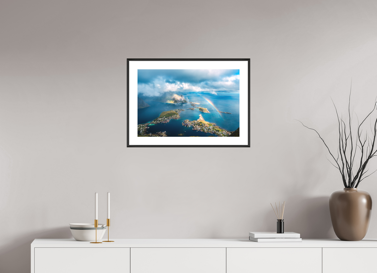 60 x 40 cm, Rahmen-Schwarz Rainbow over Reinebringen, Lofoten