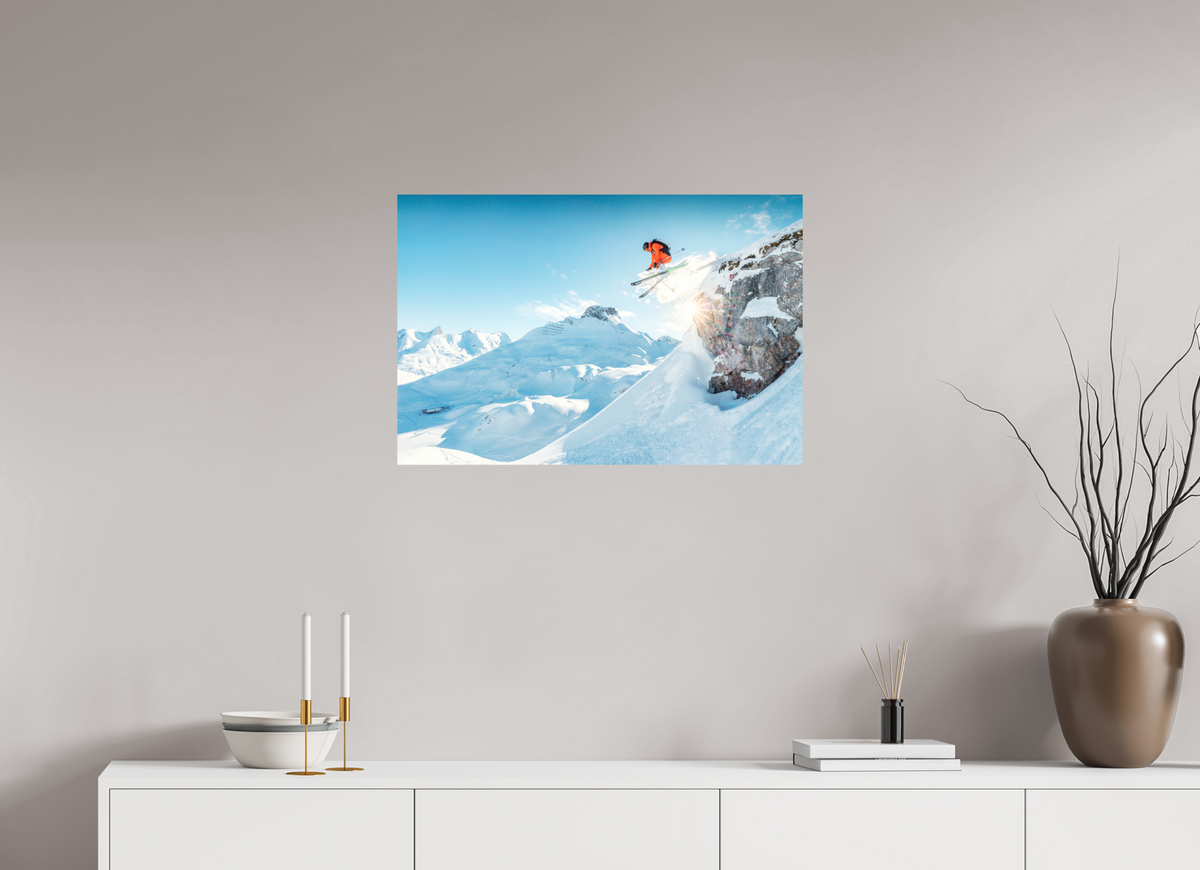 75 x 50 cm, Papierprint ohne Rahmen Freeride Jump Over the Rocks, Zürs