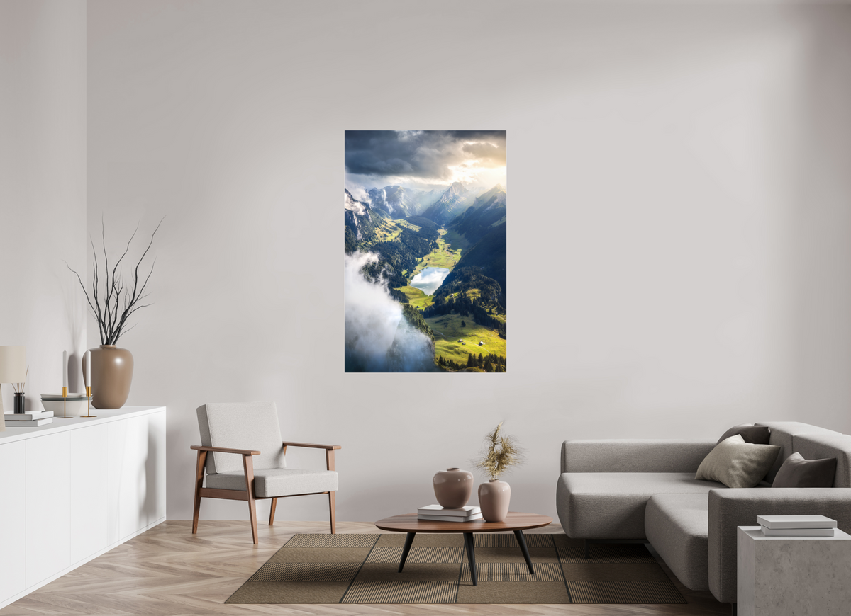 100 x 150 cm, Photo Print Under Acrylic Glass Alpine Valley and Lake, Hoher Kasten