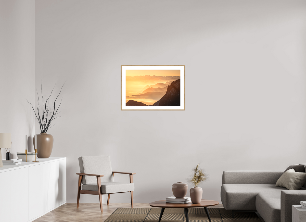 75 x 50 cm, Rahmen-Holzoptik Säntis Hazy Sunrise Layers, Switzerland