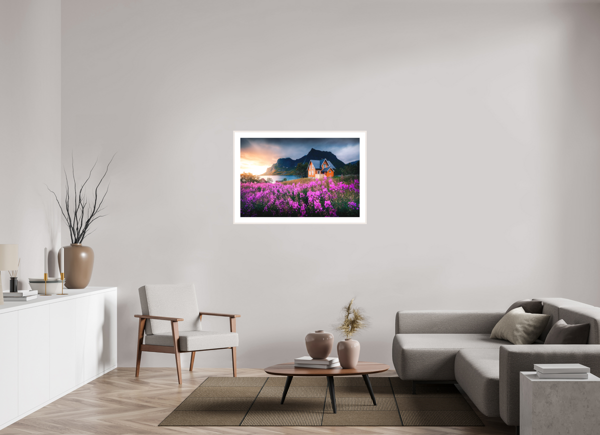 105 x 70 cm, Rahmen-Weiß Orange House with Flowers, Lofoten