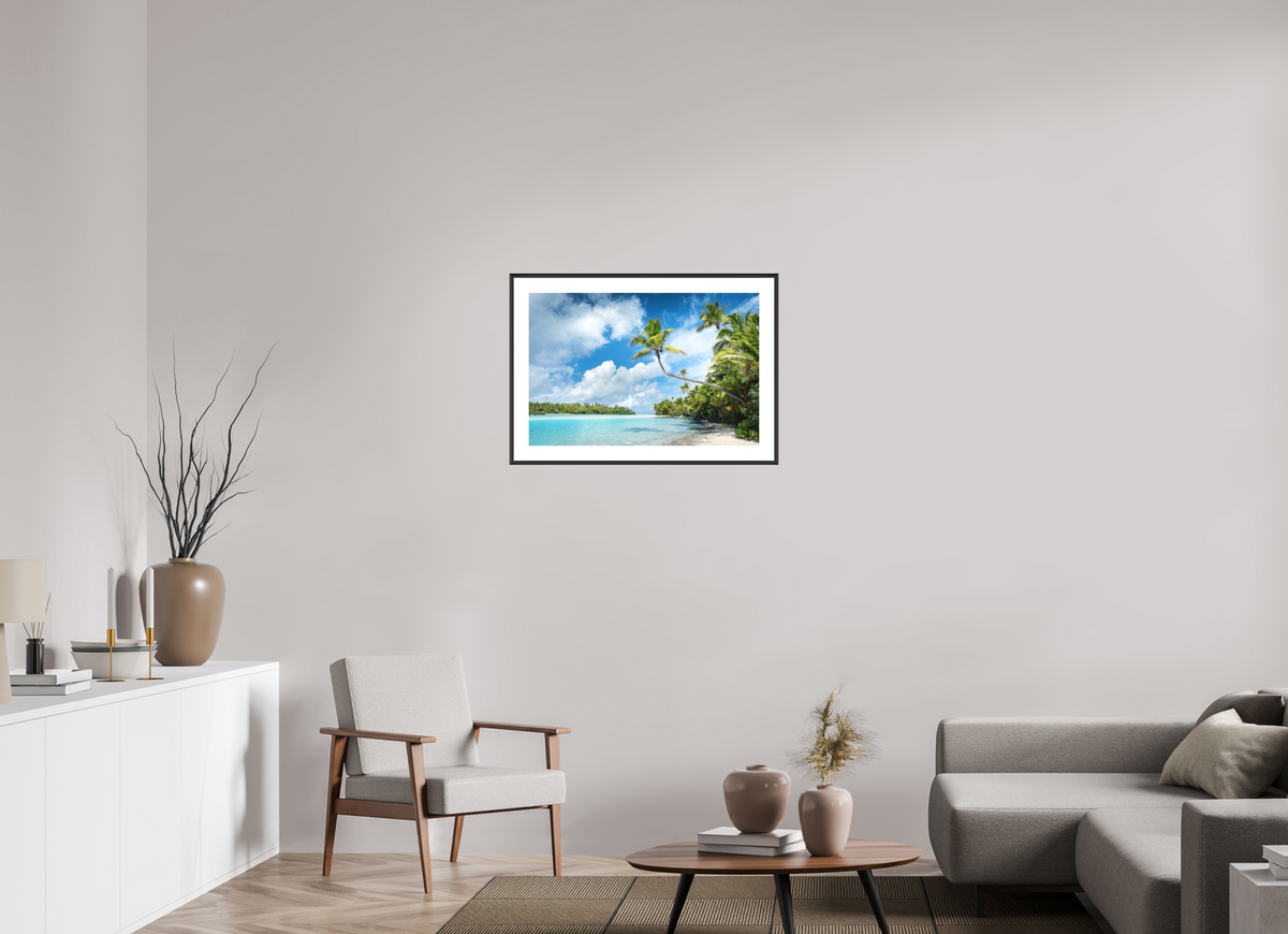 75 x 50 cm, Rahmen-Schwarz Curved Palm Over the Lagoon, Aitutaki