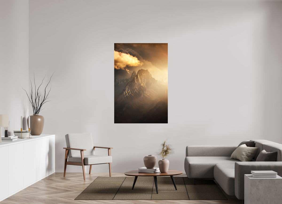 100 x 150 cm, Photo Print Under Acrylic Glass Glowing Mountainscape, Hoher Kasten