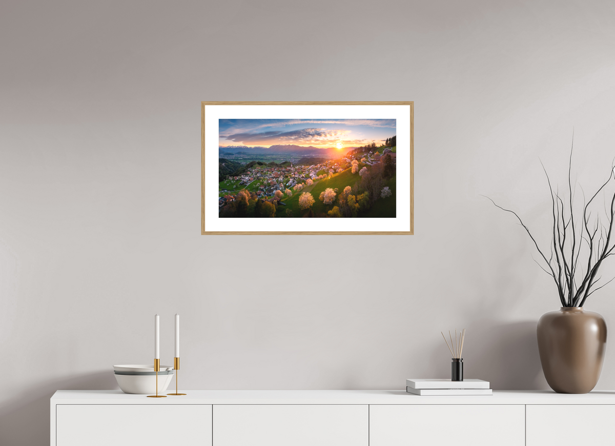 64 x 36 cm, Rahmen-Holzoptik Cherry Blossoms at Sunset, Fraxern Vorarlberg