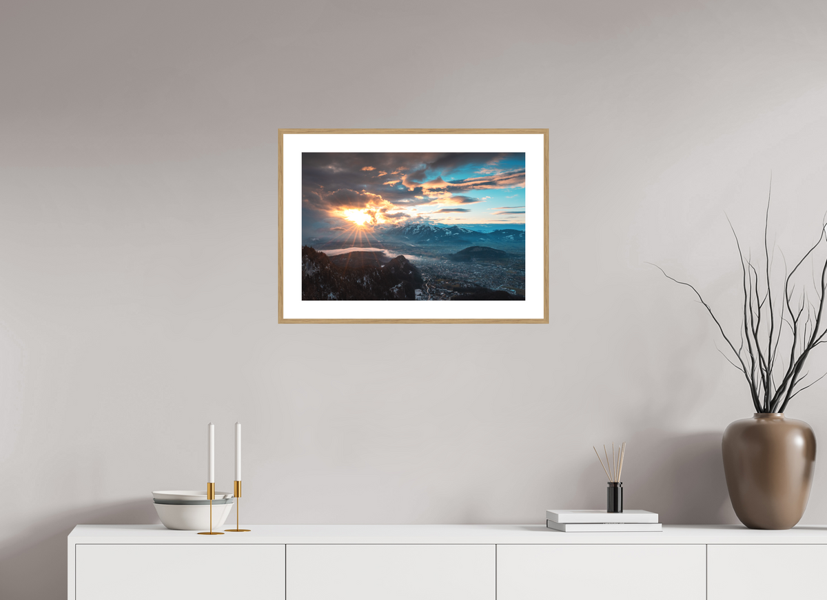 60 x 40 cm, Rahmen-Holzoptik Rhine Valley Winter Sunset, Vorarlberg
