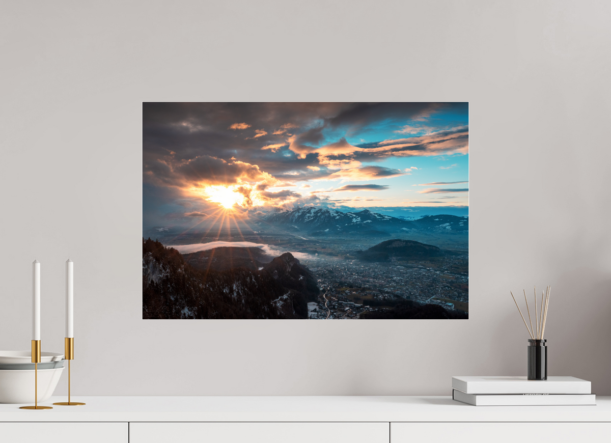 60 x 40 cm, Photo Print Under Acrylic Glass Rhine Valley Winter Sunset, Vorarlberg