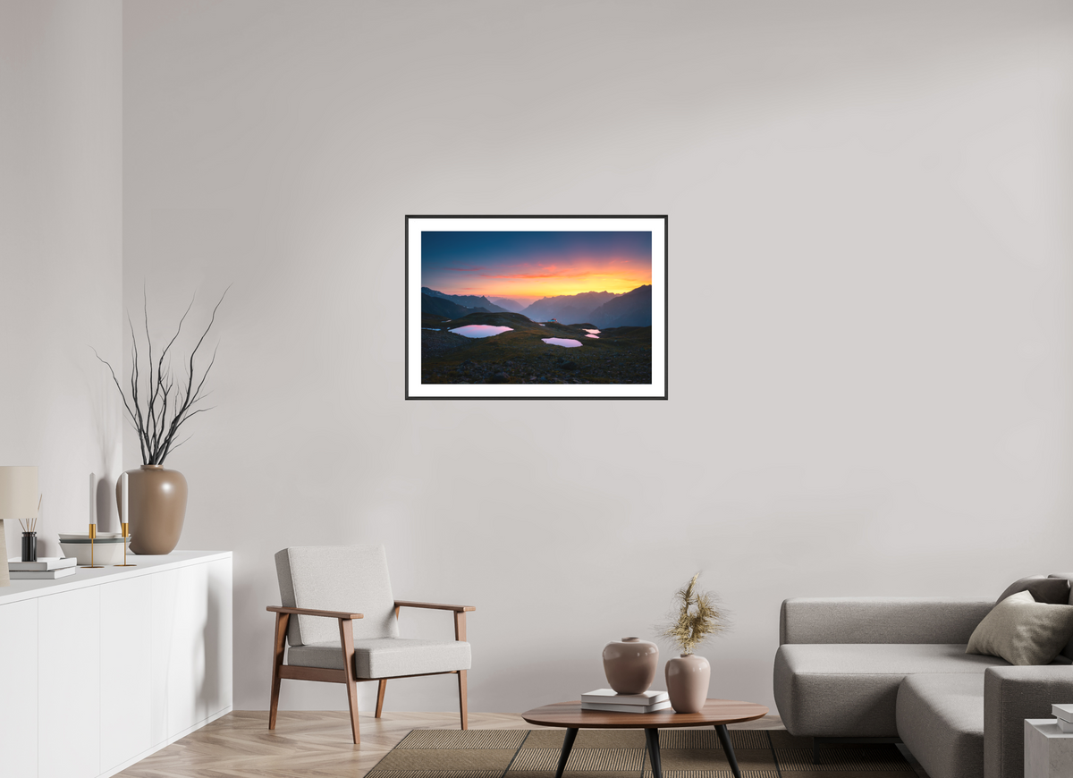 90 x 60 cm, Rahmen-Schwarz Mountain Lakes at Sunset