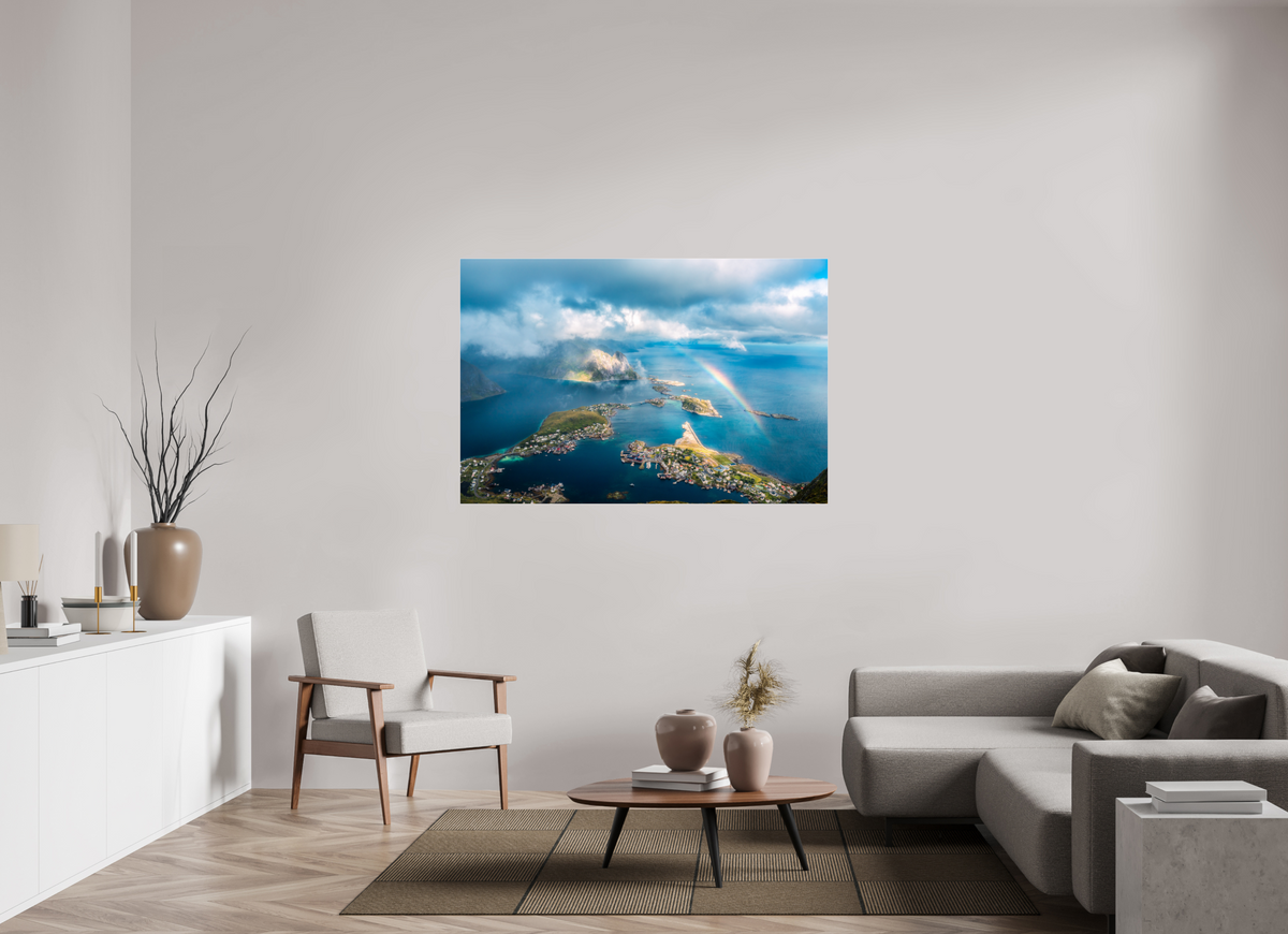 150 x 100 cm, Photo Print Under Acrylic Glass Rainbow over Reinebringen, Lofoten