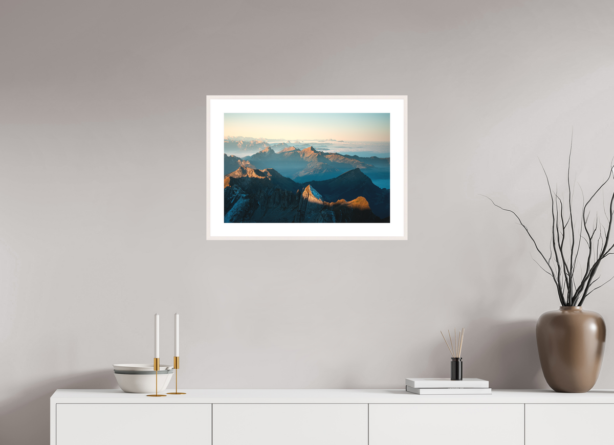 60 x 40 cm, Rahmen-Weiß Säntis Morning Ridge Light, Switzerland