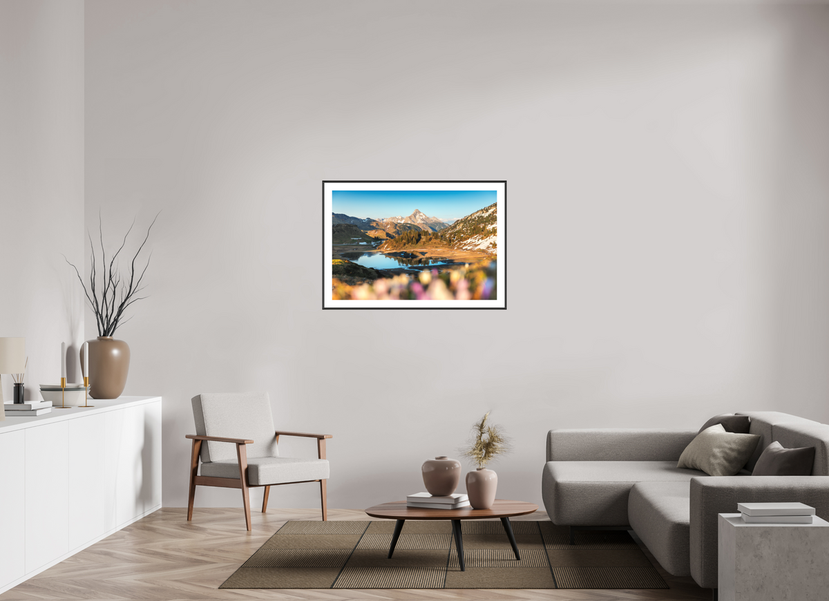 105 x 70 cm, Rahmen-Schwarz Körbersee Sunset, Warth Arlberg