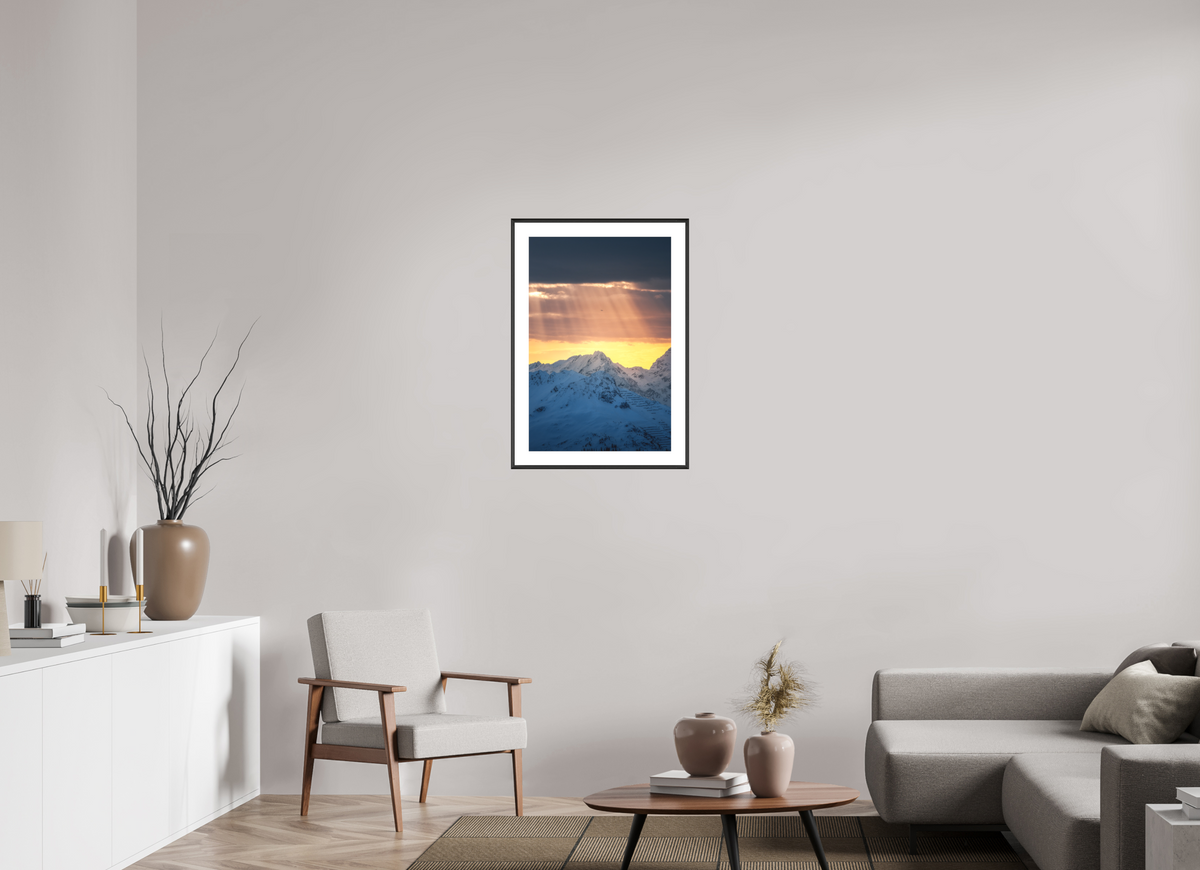 50 x 75 cm, Rahmen-Schwarz Light Rays Over the Peaks, Zürs