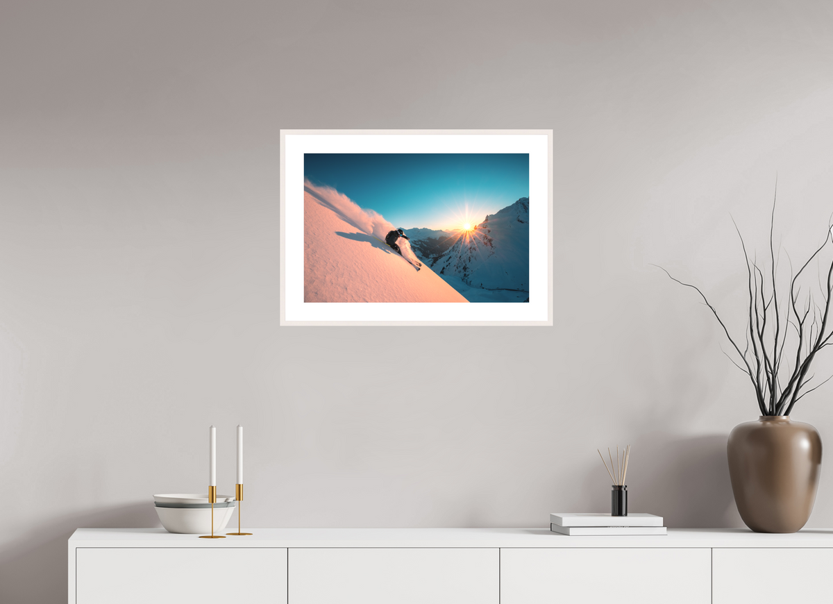60 x 40 cm, Rahmen-Weiß Skiing Into the Sunset, Flexenpass