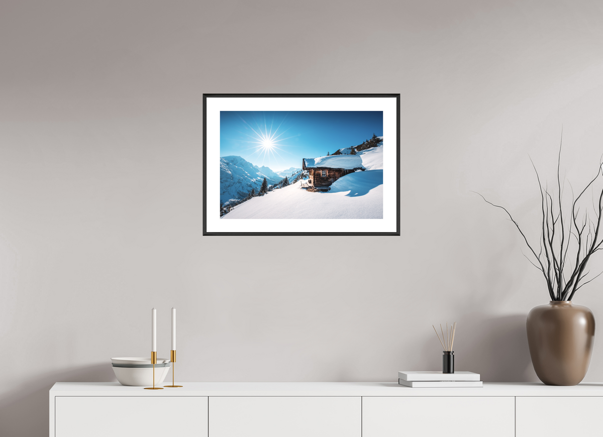 60 x 40 cm, Rahmen-Schwarz Zug Hütte, Alpine Refuge, Arlberg