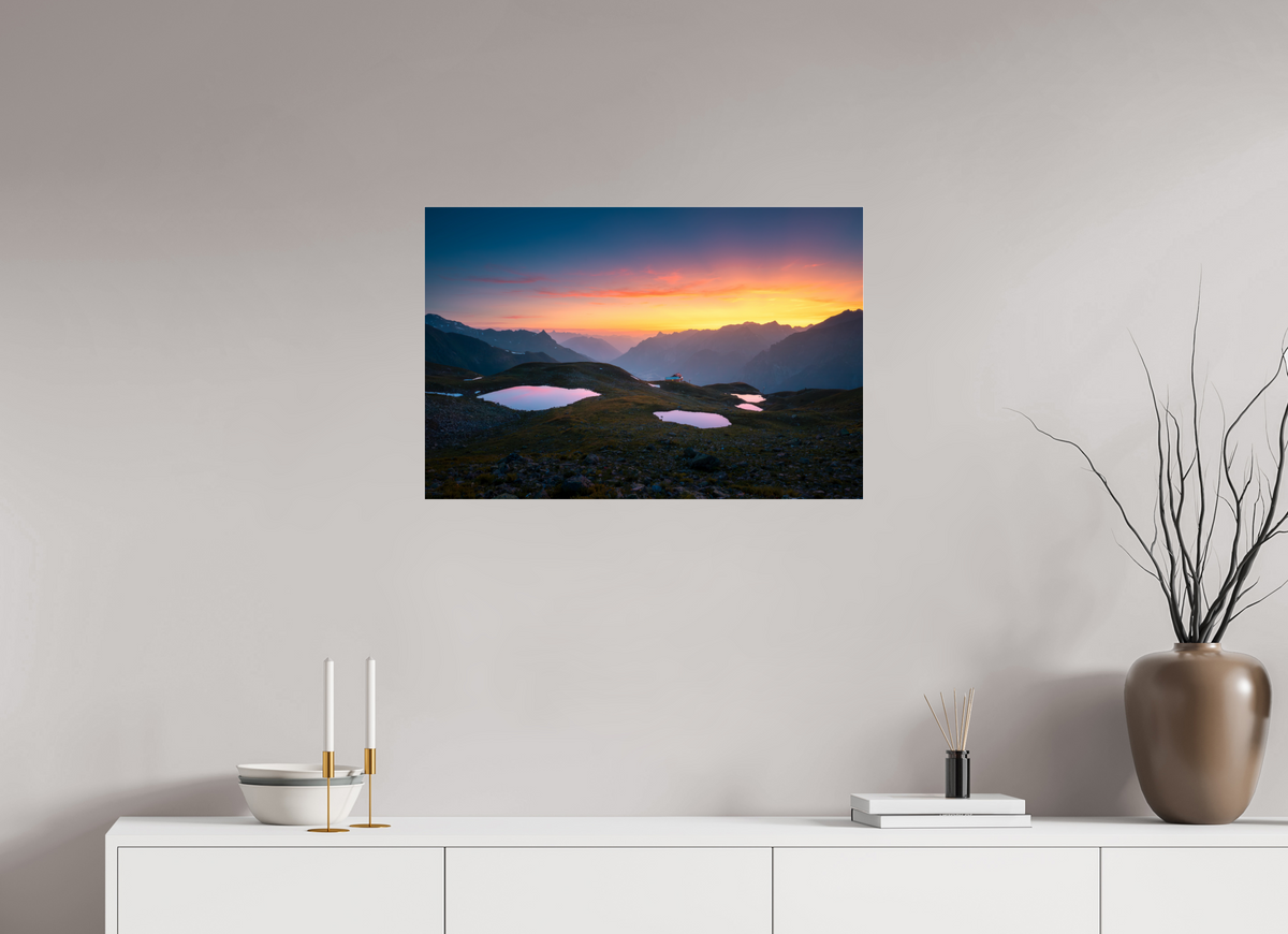 75 x 50 cm, Photo Print Under Acrylic Glass Mountain Lakes at Sunset