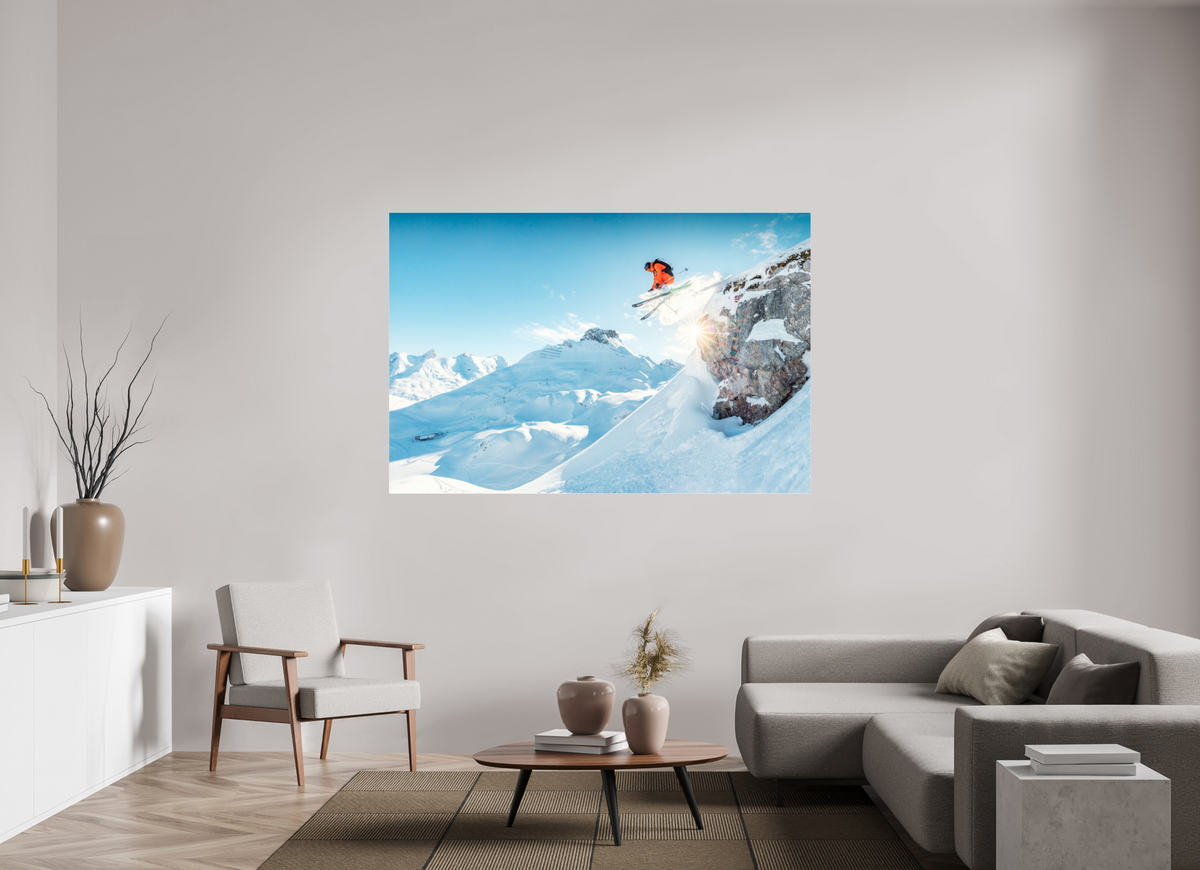 180 x 120 cm, Photo Print Under Acrylic Glass Freeride Jump Over the Rocks, Zürs